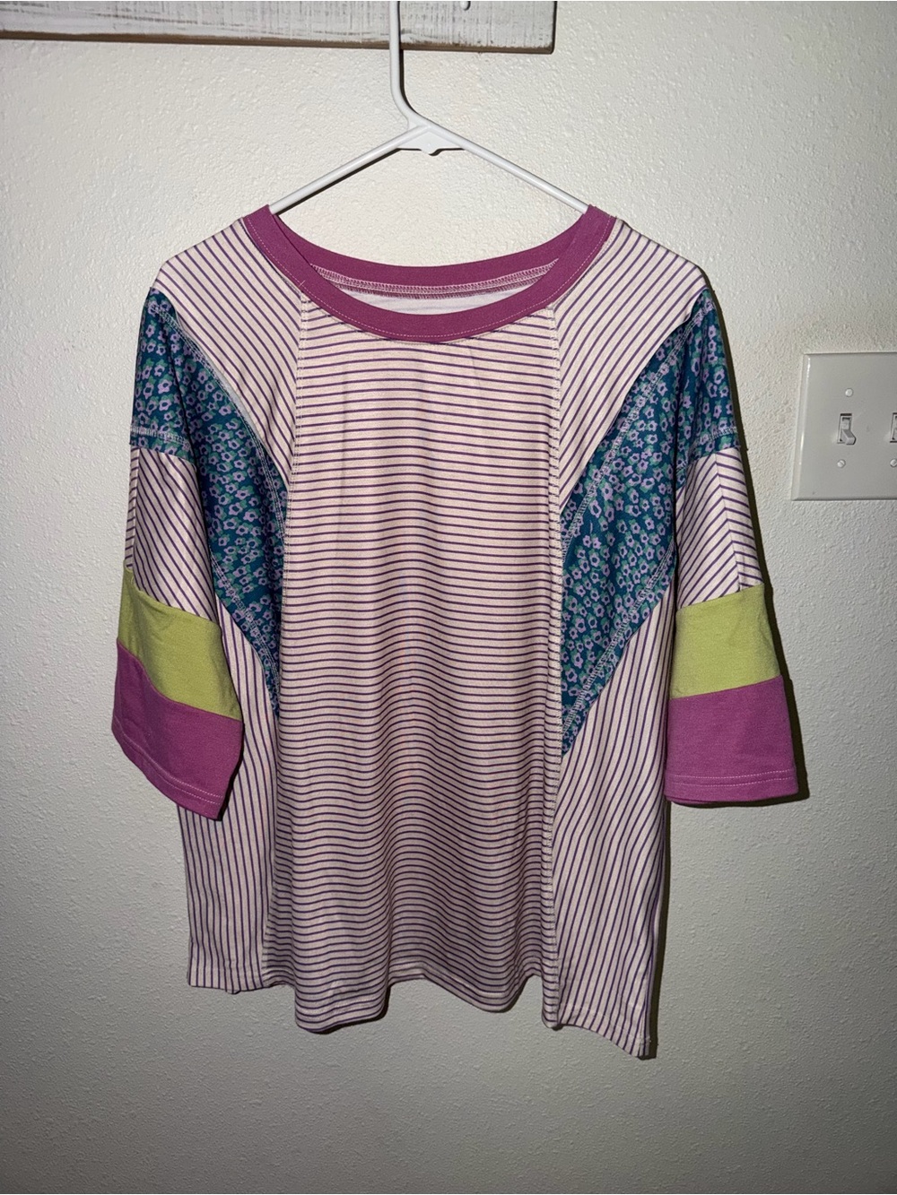 Colorblock Striped Crewneck Tee in Pink, Blue & Green